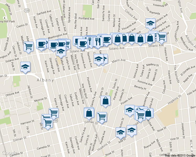 map of restaurants, bars, coffee shops, grocery stores, and more near 1020 Santa Fe Avenue in Albany