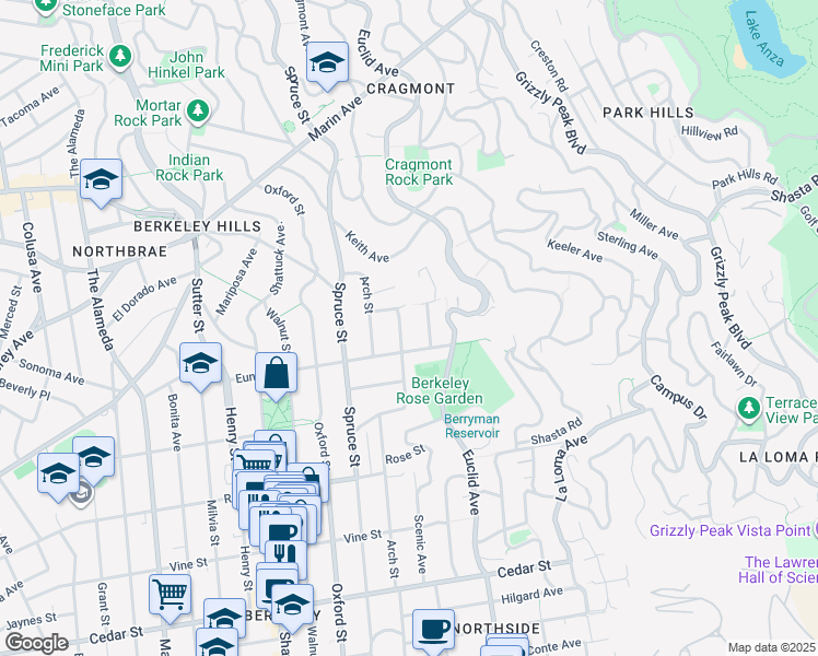 map of restaurants, bars, coffee shops, grocery stores, and more near 1178 Laurel Street in Berkeley