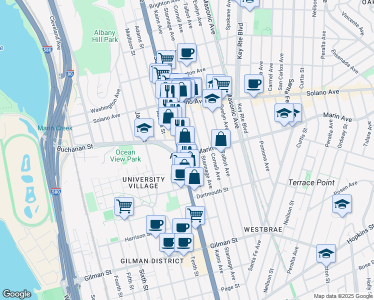map of restaurants, bars, coffee shops, grocery stores, and more near in Albany