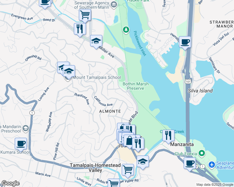 map of restaurants, bars, coffee shops, grocery stores, and more near 174 Lavender Lane in Mill Valley