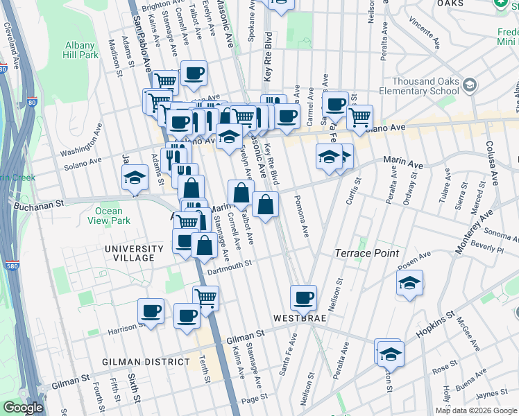map of restaurants, bars, coffee shops, grocery stores, and more near 1011 Evelyn Avenue in Albany