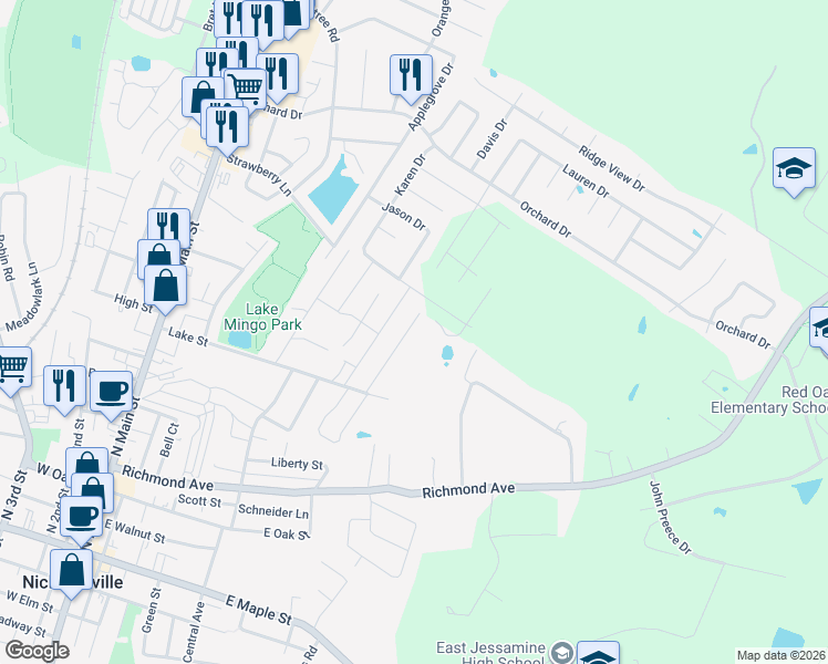map of restaurants, bars, coffee shops, grocery stores, and more near 120 Hillcrest Drive in Nicholasville