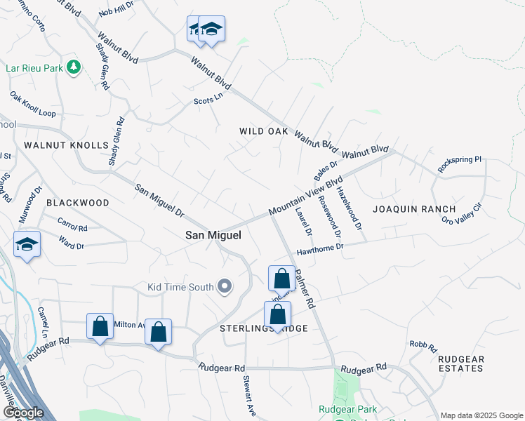 map of restaurants, bars, coffee shops, grocery stores, and more near 1214 Mountain View Boulevard in Walnut Creek