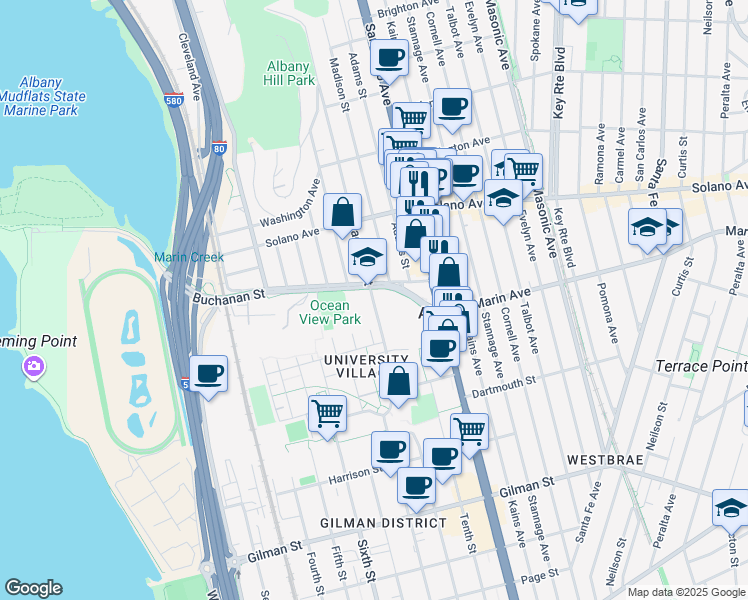 map of restaurants, bars, coffee shops, grocery stores, and more near 1101 Jackson Street in Albany