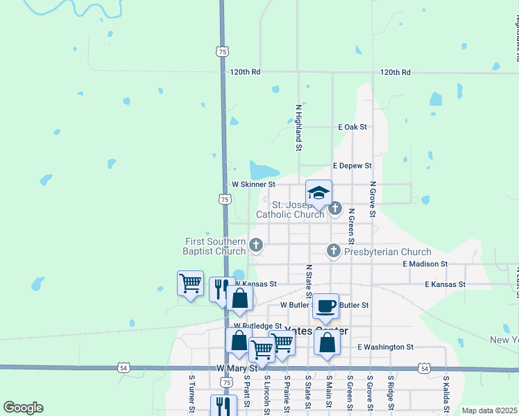 map of restaurants, bars, coffee shops, grocery stores, and more near 600-798 North Pratt Street in Yates Center