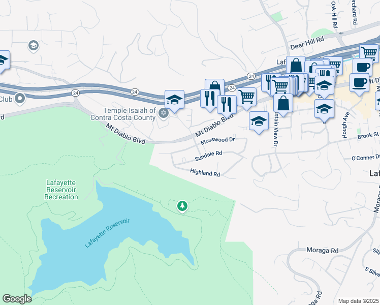 map of restaurants, bars, coffee shops, grocery stores, and more near 3755 Mosswood Drive in Lafayette
