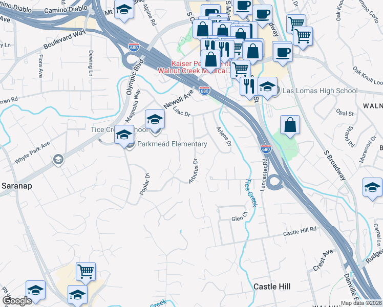 map of restaurants, bars, coffee shops, grocery stores, and more near 1537 Arbutus Drive in Walnut Creek