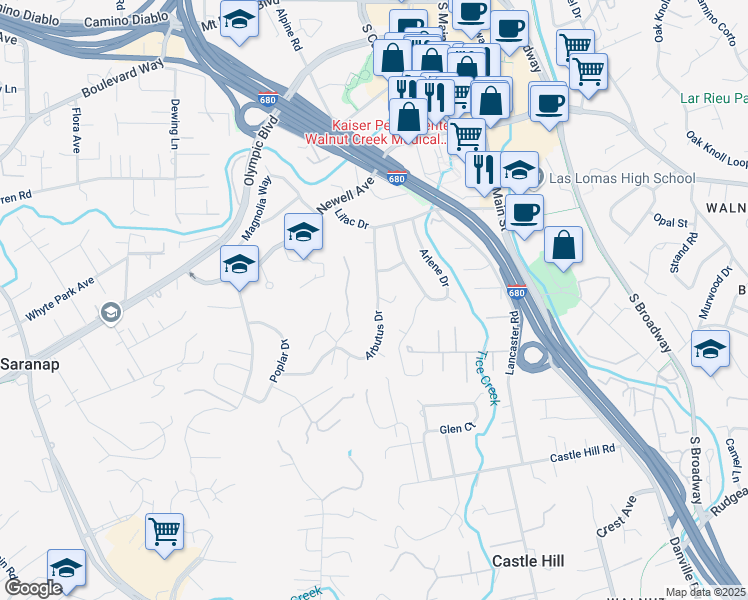 map of restaurants, bars, coffee shops, grocery stores, and more near 1537 Arbutus Drive in Walnut Creek
