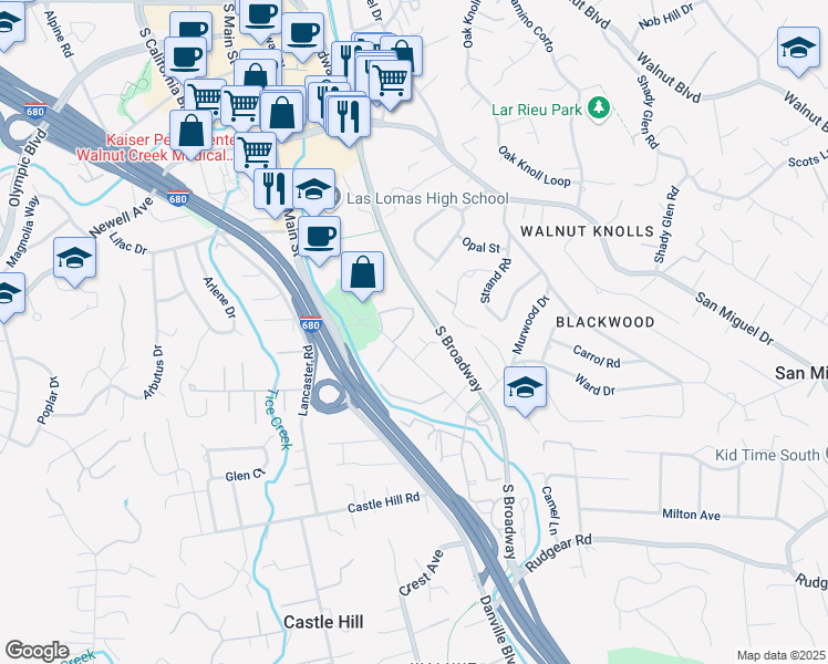 map of restaurants, bars, coffee shops, grocery stores, and more near 1478 Creekside Drive in Walnut Creek