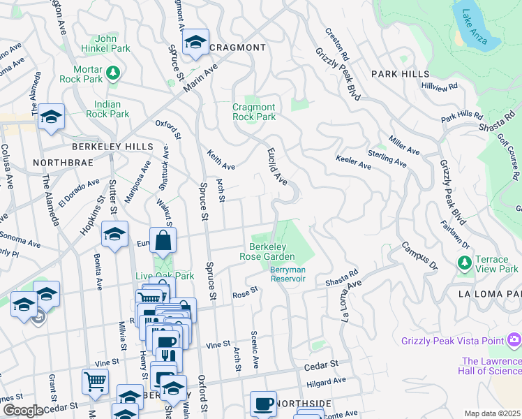 map of restaurants, bars, coffee shops, grocery stores, and more near 1178 Laurel Street in Berkeley