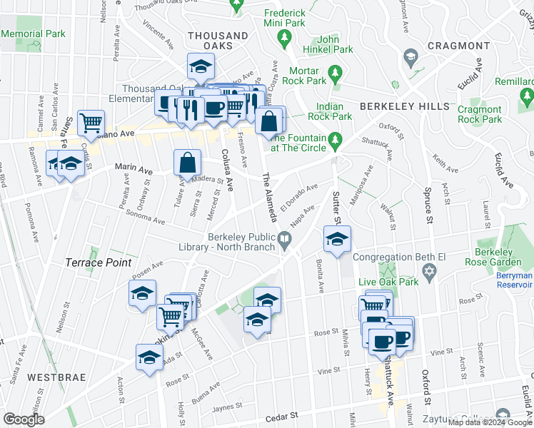 map of restaurants, bars, coffee shops, grocery stores, and more near 1116 The Alameda in Berkeley