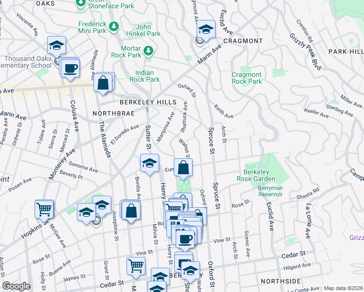 map of restaurants, bars, coffee shops, grocery stores, and more near 1124 Walnut Street in Berkeley