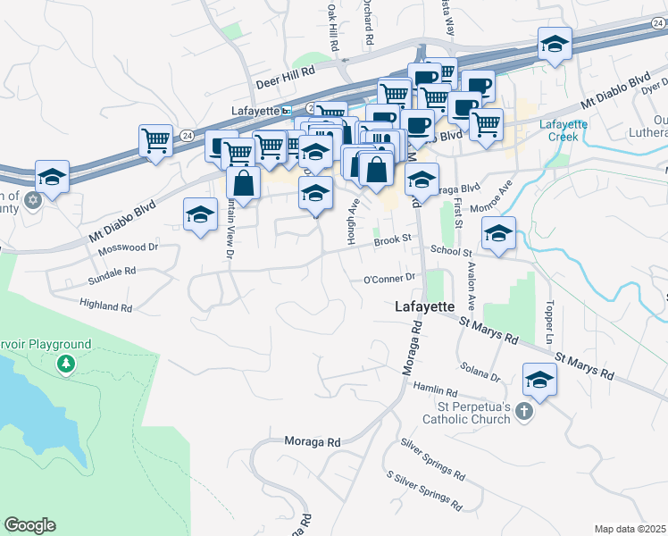 map of restaurants, bars, coffee shops, grocery stores, and more near 923 Oak Street in Lafayette