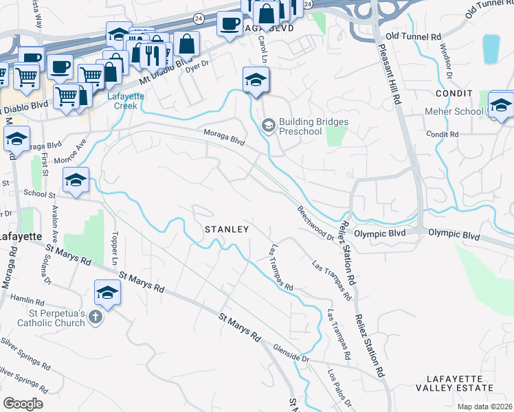 map of restaurants, bars, coffee shops, grocery stores, and more near 900 Diablo Drive in Lafayette