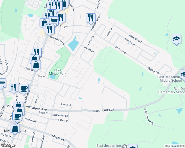 map of restaurants, bars, coffee shops, grocery stores, and more near 120 Hillcrest Drive in Nicholasville