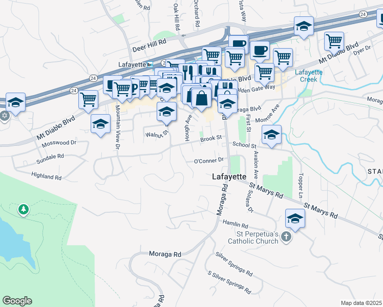 map of restaurants, bars, coffee shops, grocery stores, and more near 3564 O'Conner Drive in Lafayette