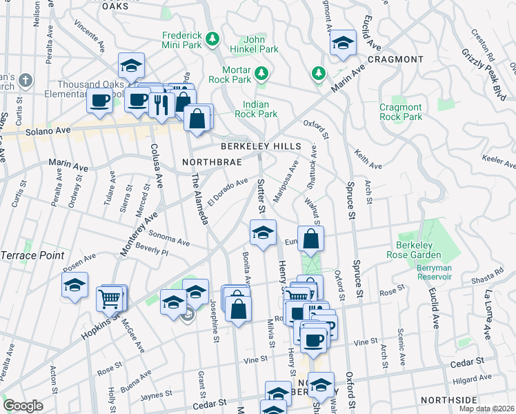 map of restaurants, bars, coffee shops, grocery stores, and more near 1140 Sutter Street in Berkeley