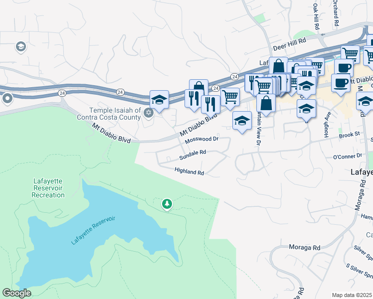 map of restaurants, bars, coffee shops, grocery stores, and more near 3744 Sundale Road in Lafayette