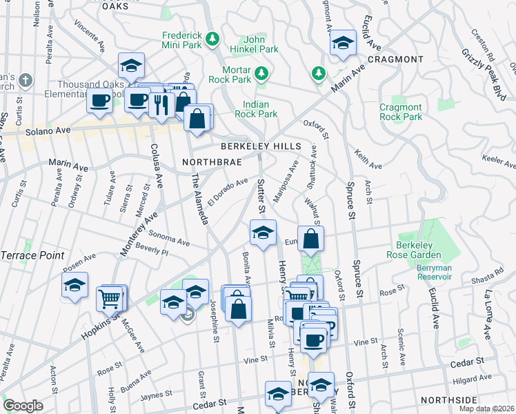 map of restaurants, bars, coffee shops, grocery stores, and more near 1140 Sutter Street in Berkeley