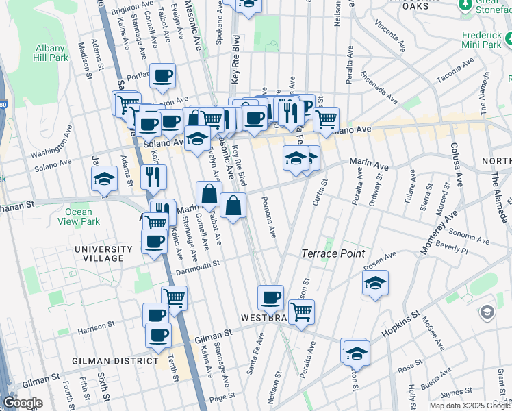map of restaurants, bars, coffee shops, grocery stores, and more near 1016 Key Route Boulevard in Albany