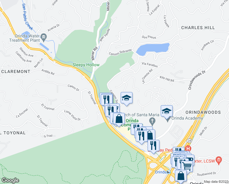 map of restaurants, bars, coffee shops, grocery stores, and more near 24 Camino Sobrante in Orinda