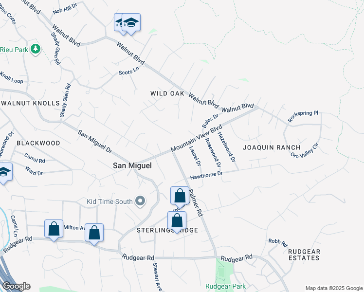 map of restaurants, bars, coffee shops, grocery stores, and more near 1185 Mountain View Boulevard in Walnut Creek