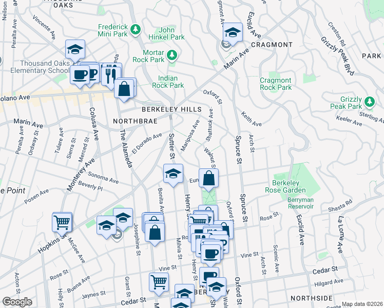 map of restaurants, bars, coffee shops, grocery stores, and more near 1130 Shattuck Avenue in Berkeley
