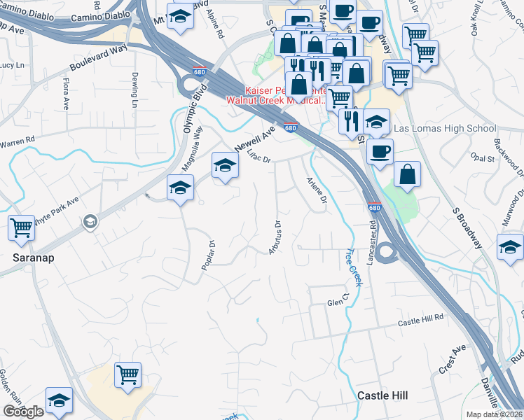 map of restaurants, bars, coffee shops, grocery stores, and more near 136 Twin Peaks Drive in Walnut Creek