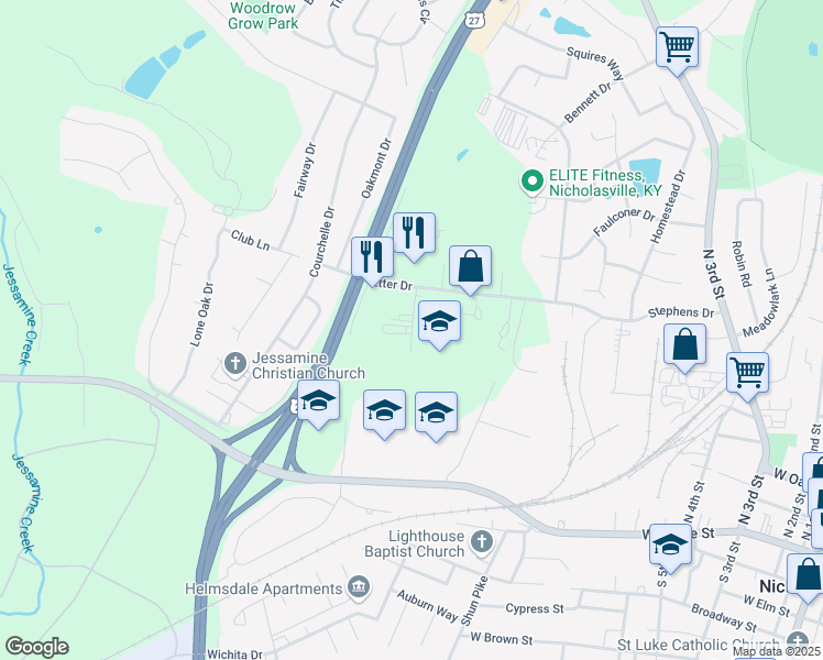 map of restaurants, bars, coffee shops, grocery stores, and more near 199 Brookside Drive in Nicholasville