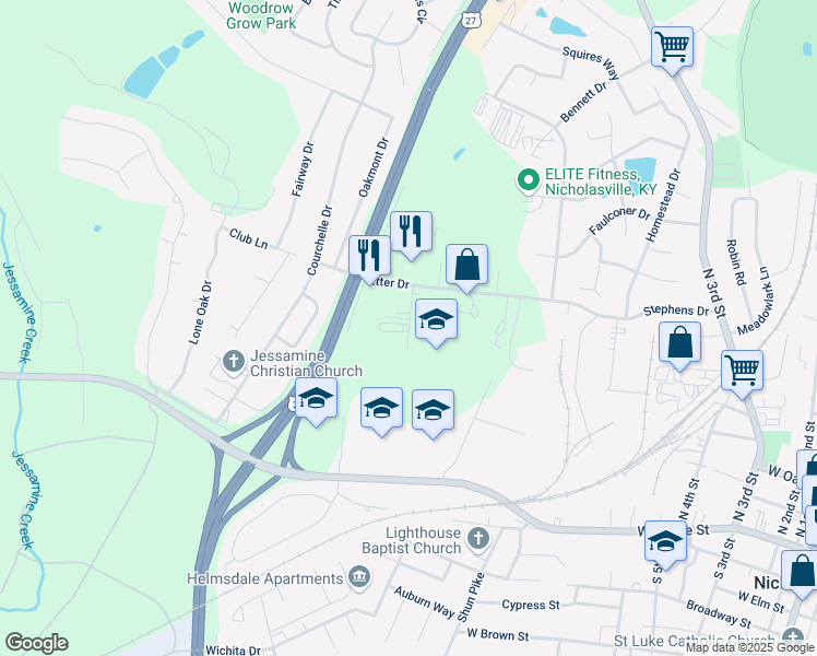 map of restaurants, bars, coffee shops, grocery stores, and more near 199 Brookside Drive in Nicholasville