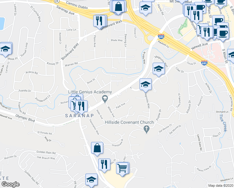 map of restaurants, bars, coffee shops, grocery stores, and more near 2043 Olympic Boulevard in Walnut Creek