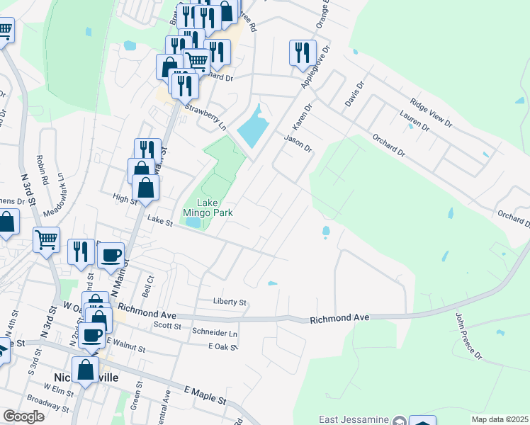 map of restaurants, bars, coffee shops, grocery stores, and more near 204 Alpine Way in Nicholasville