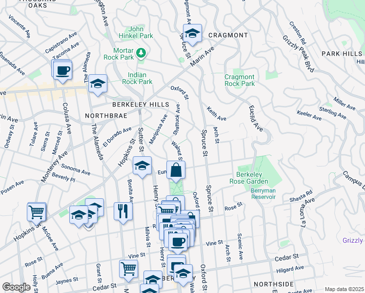 map of restaurants, bars, coffee shops, grocery stores, and more near 1160 Oxford Street in Berkeley