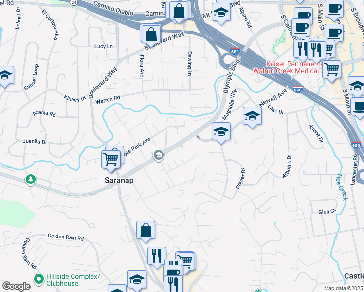 map of restaurants, bars, coffee shops, grocery stores, and more near 2015 Olympic Boulevard in Walnut Creek
