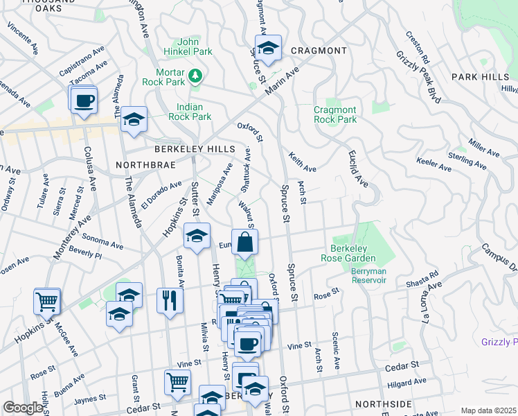 map of restaurants, bars, coffee shops, grocery stores, and more near 1160 Oxford Street in Berkeley