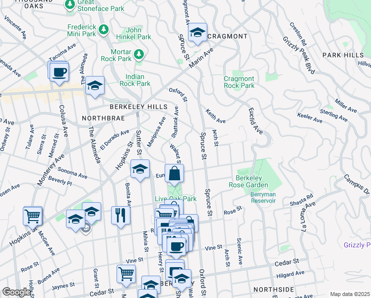 map of restaurants, bars, coffee shops, grocery stores, and more near 1130 Oxford Street in Berkeley
