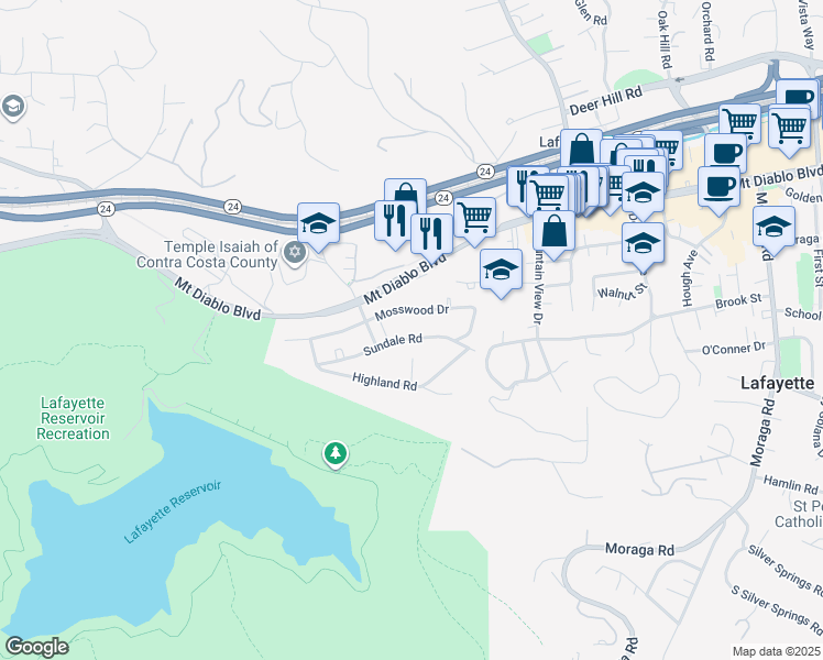 map of restaurants, bars, coffee shops, grocery stores, and more near 3744 Sundale Road in Lafayette