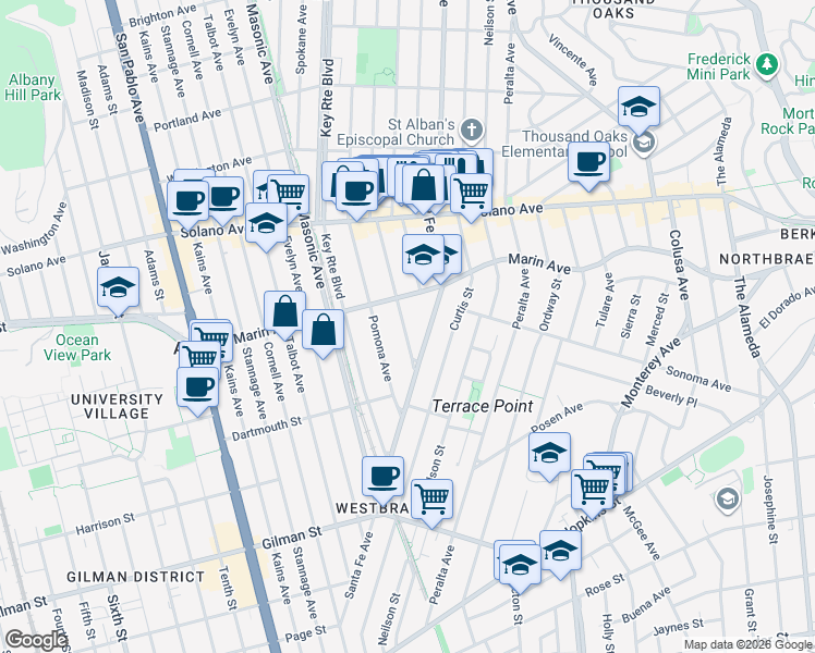 map of restaurants, bars, coffee shops, grocery stores, and more near 1020 Santa Fe Avenue in Albany