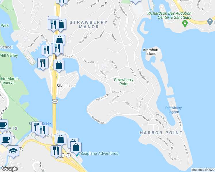map of restaurants, bars, coffee shops, grocery stores, and more near 160 Seminary Drive in Mill Valley