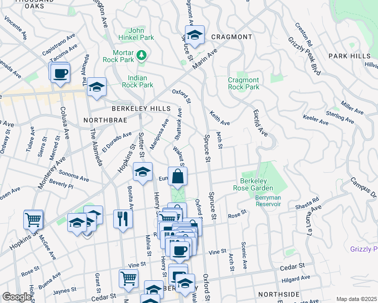 map of restaurants, bars, coffee shops, grocery stores, and more near 1130 Oxford Street in Berkeley