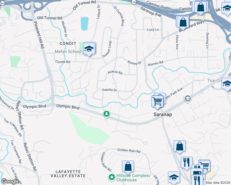 map of restaurants, bars, coffee shops, grocery stores, and more near 874 Juanita Drive in Walnut Creek