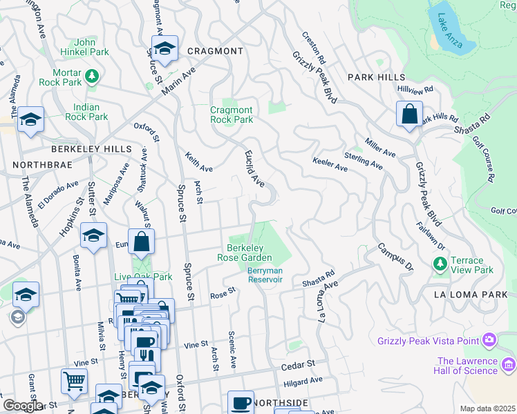 map of restaurants, bars, coffee shops, grocery stores, and more near 1169 Euclid Avenue in Berkeley