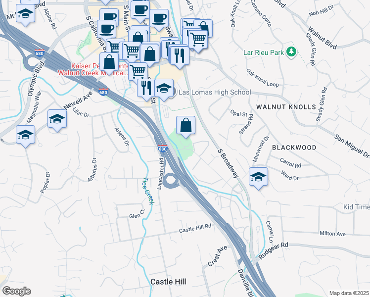 map of restaurants, bars, coffee shops, grocery stores, and more near 1476 Creekside Drive in Walnut Creek