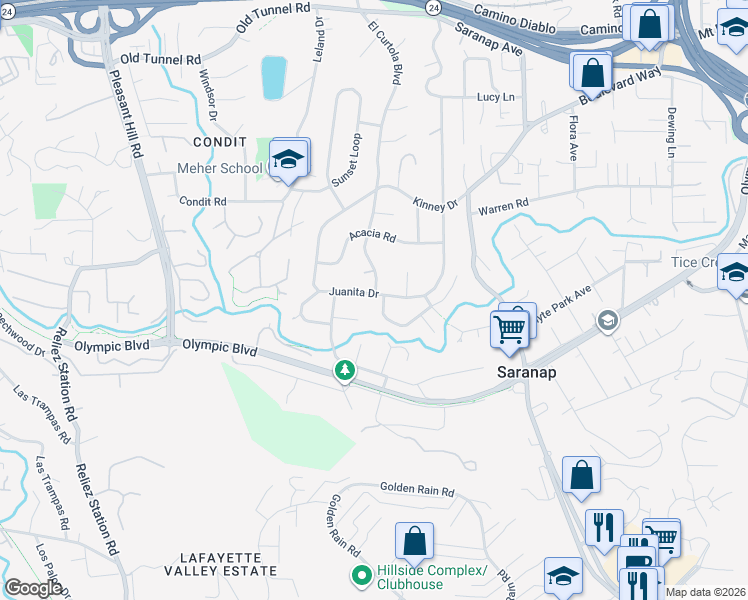 map of restaurants, bars, coffee shops, grocery stores, and more near 874 Juanita Drive in Walnut Creek