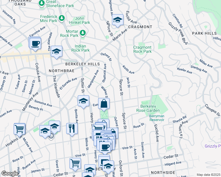 map of restaurants, bars, coffee shops, grocery stores, and more near 1130 Oxford Street in Berkeley