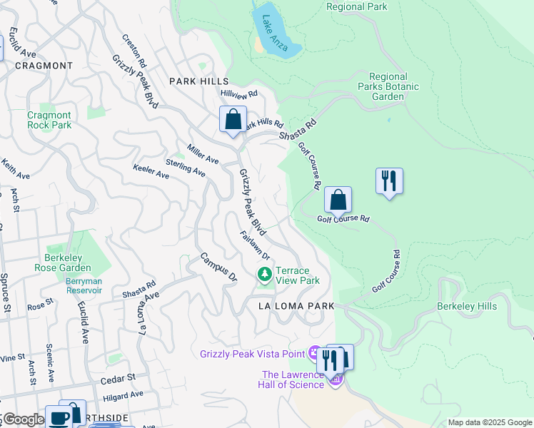 map of restaurants, bars, coffee shops, grocery stores, and more near 120 Hill Road in Berkeley