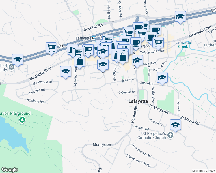map of restaurants, bars, coffee shops, grocery stores, and more near 923 Oak Street in Lafayette