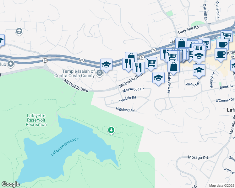 map of restaurants, bars, coffee shops, grocery stores, and more near 3755 Mosswood Drive in Lafayette
