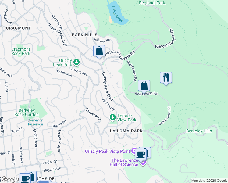 map of restaurants, bars, coffee shops, grocery stores, and more near 154 Hill Road in Berkeley