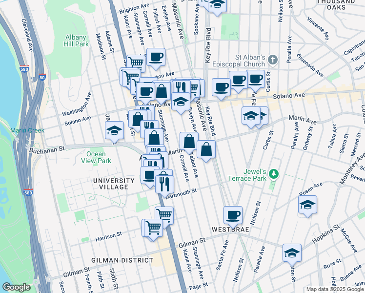 map of restaurants, bars, coffee shops, grocery stores, and more near 1204 Marin Avenue in Albany
